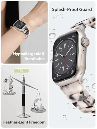 V.R.HOPE Apple Watch Band for Series 11/10/9/8/7 38mm 40mm 41mm 42mm Fashion Lightweight Resin Dressy Strap for Women Bracelet Compatible with iWatch Series 6/5/4/3/2/1/SE (Black Floral-Starlight) - 2