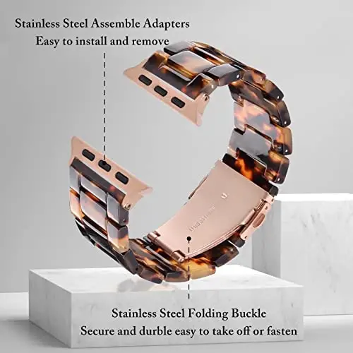 V.R.HOPE Compatible With Apple Watch Band 42mm 44mm 45mm Women Men, Adjustable Lightweight Resin Strap with Stainless Steel Buckle Replacement for iWatch Series SE 7 6 5 4 3 2 1-Tortoiseshell - 6