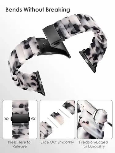V.R.HOPE Apple Watch tasmasi Series 11/10/9/8/7/Ultra3 46mm 45mm 44mm 42mm 49mm uchun, ayollar uchun zamonaviy yengil qatronli tasmalar, iWatch Series 6/5/4/3/2/1/SE bilan mos (Qora gulli) - 3