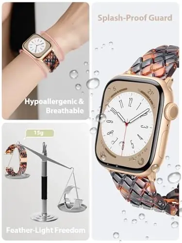 V.R.HOPE Resin Band for Women Compatible with Apple Watch 42mm 44mm 45mm 46mm 49mm Fashion Python-Pattern Sport Strap for iWatch Series Ultra3/11/10/9/8/7/6/5/4/3/2/1/SE (Tortoiseshell) - 2