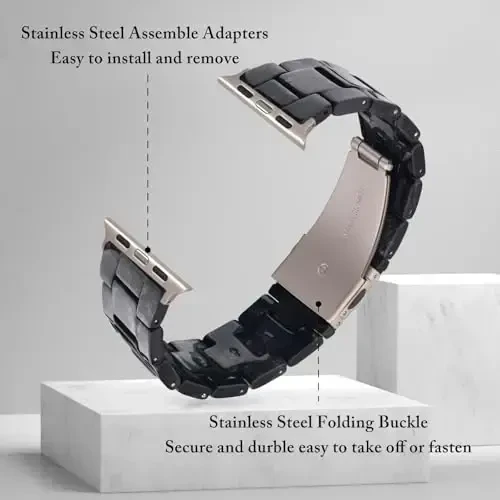 V.R.HOPE Resin Watch Band Compatible with Apple Watch Band for Women 42mm 44mm 45mm46mm49mm Starlight Fashion Lightweight Bracelet Strap for iWatch Series Ultra3/11/10/9/8/7/6/5/4/3/2/1/SE3(Marble Black) - 4