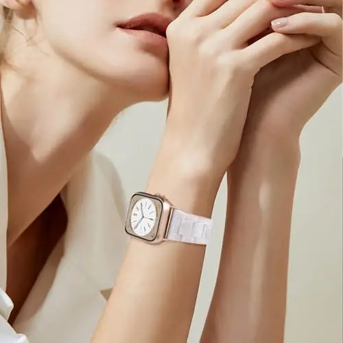 V.R.HOPE Resin Watch Band Compatible with Apple Watch Band for Women 42mm 44mm 45mm 46mm49mm Starlight Fashion Lightweight Bracelet Strap for iWatch Series Ultra3/11/10/9/8/7/6/5/4/3/2/1/SE3(Pearl white Starlight) - 5