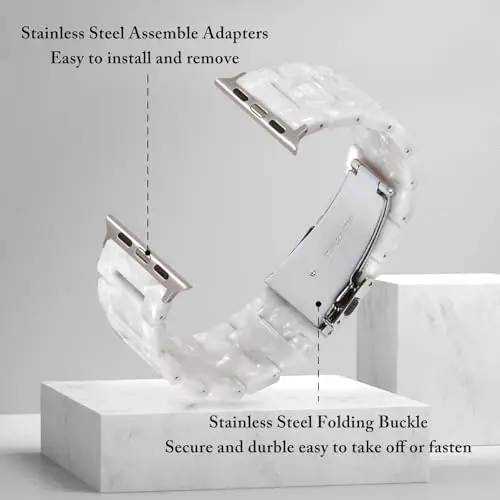 V.R.HOPE Resin Watch Band Compatible with Apple Watch Band for Women 42mm 44mm 45mm 46mm49mm Tortoise Fashion Lightweight Bracelet Strap for iWatch Series Ultra3/11/10/9/8/7/6/5/4/3/2/1/SE3(Pearl white) - 4