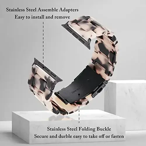 V.R.HOPE Resin Watch Band Compatible with Apple Watch Band for Women 38mm 40mm 41mm 42mm Tortoise Fashion Lightweight Bracelet Strap for iWatch Series 11/10/9/8/7/6/5/4/3/2/1/SE3 (Black Floral) - 4