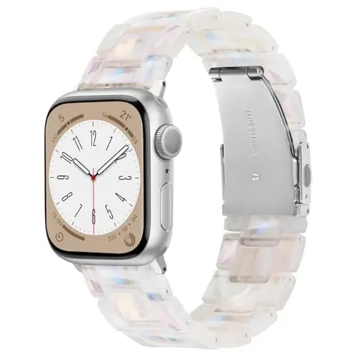 V.R.HOPE Resin Watch Band Compatible with Apple Watch Band for Women 38mm 40mm 41mm 42mm Tortoise Fashion Lightweight Bracelet Strap for iWatch Series 11/10/9/8/7/6/5/4/3/2/1/SE3(Creamy silver) - V.R.HOPE