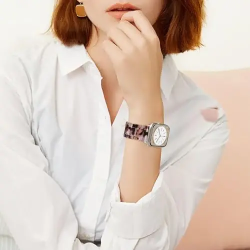 V.R.HOPE Resin Watch Band Compatible with Apple Watch Band for Women 38mm 40mm 41mm 42mm Tortoise Starlight Fashion Lightweight Bracelet Strap for iWatch Series 11/10/9/8/7/6/5/4/3/2/1/SE3(Tortoise starlight) - 5