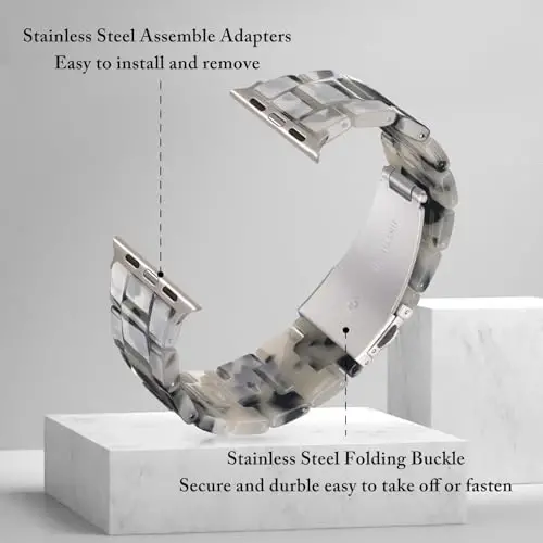 V.R.HOPE Resin Watch Band Compatible with Apple Watch Band for Women 38mm 40mm 41mm 42mm Starlight Fashion Lightweight Bracelet Strap for iWatch Series 11/10/9/8/7/6/5/4/3/2/1/SE3(Ink White Starlight) - 4