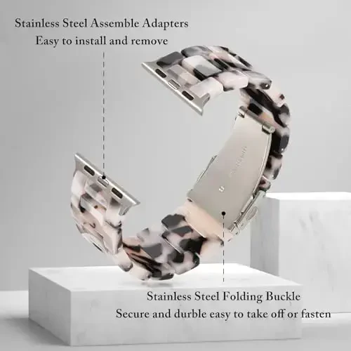 V.R.HOPE Resin Watch Band Compatible with Apple Watch Band for Women 42mm 44mm 45mm 46mm49mm Starlight Fashion Lightweight Bracelet Strap for iWatch Series Ultra3/11/10/9/8/7/6/5/4/3/2/1/SE3 (Black Floral Starlight) - 4