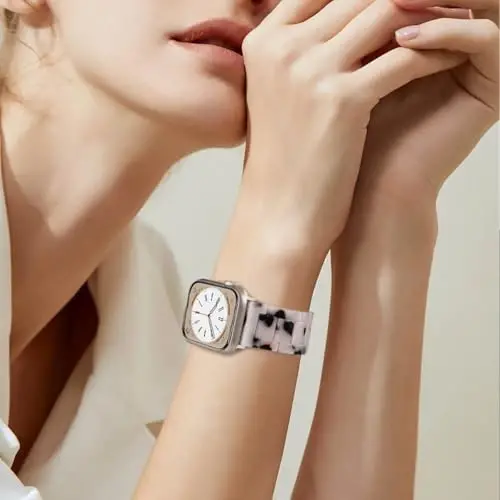 V.R.HOPE Resin Watch Band Compatible with Apple Watch Band for Women 42mm 44mm 45mm 46mm49mm Starlight Fashion Lightweight Bracelet Strap for iWatch Series Ultra3/11/10/9/8/7/6/5/4/3/2/1/SE3 (Black Floral Starlight) - 5
