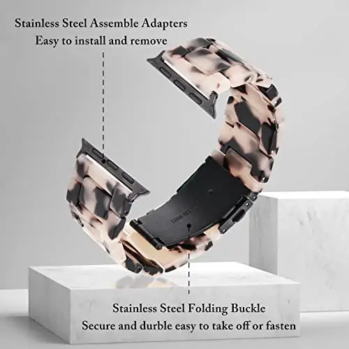 V.R.HOPE Resin Band Compatible with Apple Watch Band for Women 44mm 42mm 45mm 46mm 49mm Tortoise Fashion Lightweight Bracelet Strap for iWatch Series Ultra3/11/10/9/8/7/6/5/4/3/2/1/SE3 (Black Floral) - 4