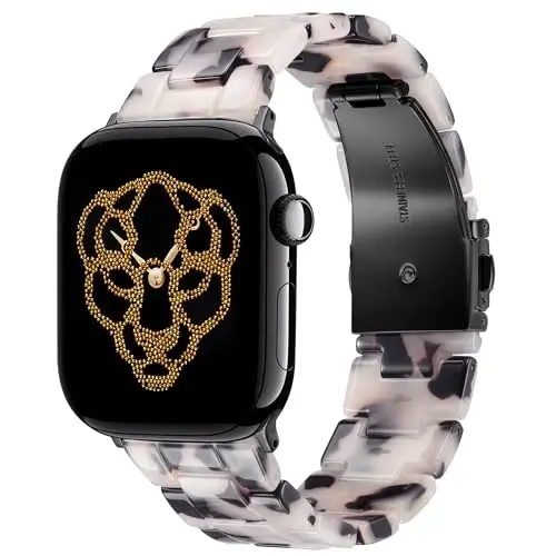 V.R.HOPE Resin Band Compatible with Apple Watch Band for Women 44mm 42mm 45mm 46mm 49mm Tortoise Fashion Lightweight Bracelet Strap for iWatch Series Ultra3/11/10/9/8/7/6/5/4/3/2/1/SE3 (Black Floral) - V.R.HOPE