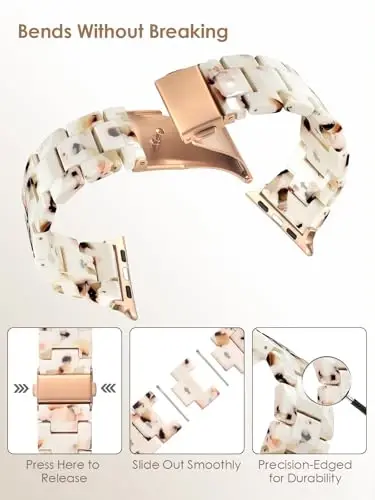 V.R.HOPE Resin Watch Band Compatible with Apple Watch Band for Women 38mm 40mm 41mm 42mm Rose Gold Fashion Lightweight Bracelet Strap for iWatch Series 11/10/9/8/7/6/5/4/3/2/1/SE3(Nougat White) - 3