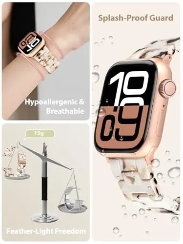 V.R.HOPE Resin Watch Band Compatible with Apple Watch Band for Women 38mm 40mm 41mm 42mm Rose Gold Fashion Lightweight Bracelet Strap for iWatch Series 11/10/9/8/7/6/5/4/3/2/1/SE3(Nougat White) - 2