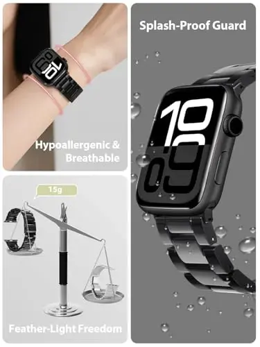 V.R.HOPE Resin Watch Band Compatible with Apple Watch Band for Women 38mm 40mm 41mm 42mm Tortoise Fashion Lightweight Bracelet Strap for iWatch Series 11/10/9/8/7/6/5/4/3/2/1/SE3(Black) - V.R.HOPE (1)