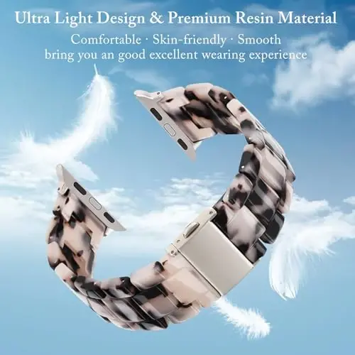 V.R.HOPE Resin Watch Band Compatible with Apple Watch Band for Women 42mm 44mm 45mm 46mm49mm Starlight Fashion Lightweight Bracelet Strap for iWatch Series Ultra3/11/10/9/8/7/6/5/4/3/2/1/SE3 (Black Floral Starlight) - 2