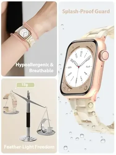 V.R.HOPE Resin Watch Band Compatible with Apple Watch Band for Women 42mm 44mm 45mm Tortoise Metal Buckle Wristband Bracelet Strap for iWatch Series 10 9 8 7 6 5 4 3 2 1 SE(Beige) - MODAZONE (1)
