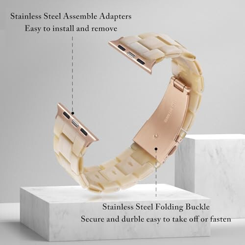 V.R.HOPE Resin Watch Band Compatible with Apple Watch Band for Women 42mm 44mm 45mm Tortoise Metal Buckle Wristband Bracelet Strap for iWatch Series 10 9 8 7 6 5 4 3 2 1 SE(Beige) - 4