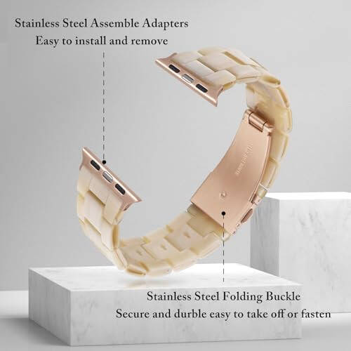 V.R.HOPE Resin Watch Band Compatible with Apple Watch Band for Women 42mm 44mm 45mm Tortoise Metal Buckle Wristband Bracelet Strap for iWatch Series 10 9 8 7 6 5 4 3 2 1 SE(Beige) - 4