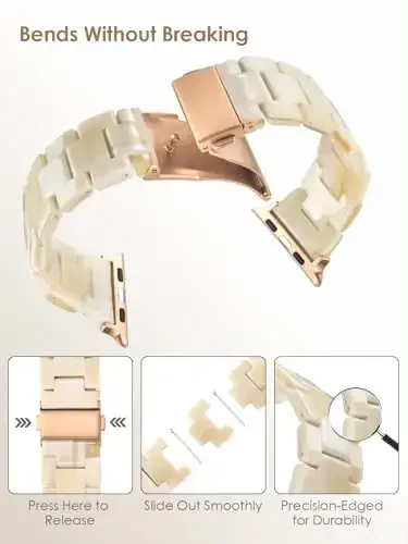 V.R.HOPE Resin Watch Band Compatible with Apple Watch Band for Women 42mm 44mm 45mm Tortoise Metal Buckle Wristband Bracelet Strap for iWatch Series 10 9 8 7 6 5 4 3 2 1 SE(Beige) - 3