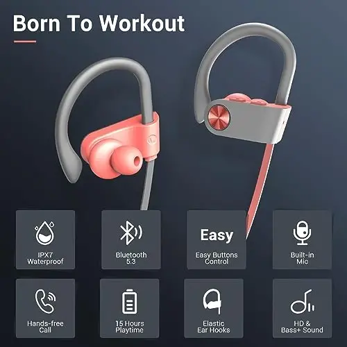 VRIFOZ Bluetooth eshitish vositasi, Bluetooth 5.3 IPX7 suv o'tkazmaydigan simsiz sport quloqchinlari, mashg'ulot zali uchun, shovqinni bekor qiluvchi mikrofonli 16 soatlik pleyer ishlaydigan quloqchinlar, HiFi Bass Stereo quloq ichidagi naushniklar - VRIFOZ (1)