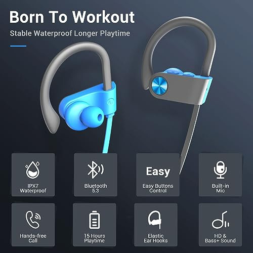 VRIFOZ Bluetooth Headphones, Bluetooth 5.3 IPX7 Waterproof Wireless Sports Earbuds for Workout Gym, 16 Hrs Playtime Running Headphones with Noise Cancelling Mic, HiFi Bass Stereo in-Ear Earphones - 2