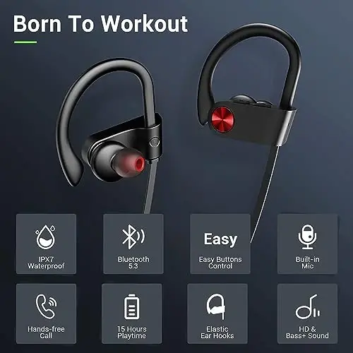 VRIFOZ Bluetooth Headphones, Bluetooth 5.3 IPX7 Waterproof Wireless Sports Earbuds for Workout Gym, 16 Hrs Playtime Running Headphones with Noise Cancelling Mic, HiFi Bass Stereo in-Ear Earphones - 2