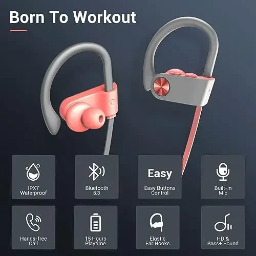 VRIFOZ Bluetooth Headphones, Bluetooth 5.3 IPX7 Waterproof Wireless Sports Earbuds for Workout Gym, 16 Hrs Playtime Running Headphones with Noise Cancelling Mic, HiFi Bass Stereo in-Ear Earphones - 2