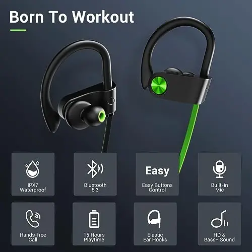 VRIFOZ Bluetooth Headphones, Bluetooth 5.3 IPX7 Waterproof Wireless Sports Earbuds for Workout Gym, 16 Hrs Playtime Running Headphones with Noise Cancelling Mic, HiFi Bass Stereo in-Ear Earphones - 2