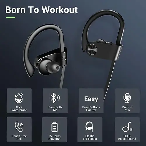VRIFOZ Bluetooth quloqchinlari, Bluetooth 5.3 IPX7 suv o'tkazmaydigan simsiz sport quloqchinlari mashg'ulot zali uchun, shovqinni bekor qiluvchi mikrofoni bilan 16 soatlik musiqa tinglash vaqti, HiFi Bass Stereo quloq ichidagi naushniklar - 2