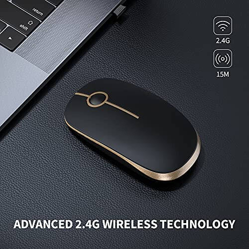 Vssoplor Wireless Mouse, 2.4G Slim Portable Computer Mouse with Nano Receiver Quiet Silent Optical Laptop Mouse for Notebook, PC, Laptop, Computer-Black and Gold - 2