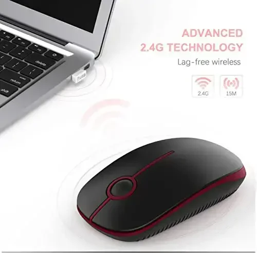 VssoPlor Wireless Mouse, 2.4G Slim Portable Quiet Computer Mice with Nano Receiver for Notebook, PC, Laptop, Computer-Black and Wine Red - 2