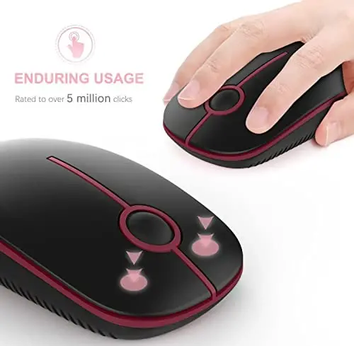 VssoPlor Wireless Mouse, 2.4G Slim Portable Quiet Computer Mice with Nano Receiver for Notebook, PC, Laptop, Computer-Black and Wine Red - 4