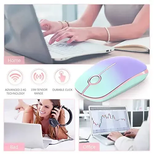 VssoPlor simsiz sichqonchasi, 2,4G ingichka portativ kompyuter noutbuk sichqonchasi Nano qabul qiluvchi bilan Tinch optik sichqoncha noutbuk, kompyuter, kompyuter uchun - yalpiz yashilidan binafsha ranggacha - 6