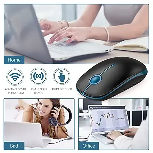Vssoplor Wireless Mouse, 2.4G Slim Portable Computer Laptop Mouse with Nano Receiver Quiet Silent Optical Mice for Notebook, PC, Laptop, Computer-Black and Sapphire Blue - 6