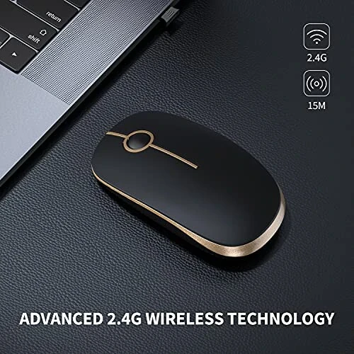 VssoPlor Wireless Mouse, 2.4G Slim Portable Computer Mice with Nano Receiver for Notebook, PC, Laptop, Computer (Black and Gold) - VssoPlor (1)