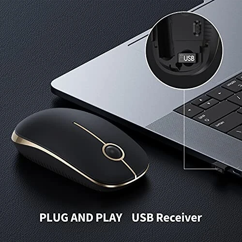 VssoPlor Wireless Mouse, 2.4G Slim Portable Computer Mice with Nano Receiver for Notebook, PC, Laptop, Computer (Black and Gold) - 3