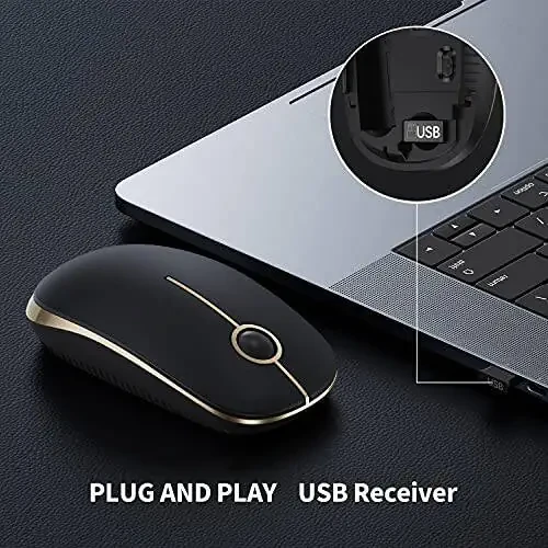 VssoPlor Wireless Mouse, 2.4G Slim Portable Computer Mice with Nano Receiver for Notebook, PC, Laptop, Computer (Black and Gold) - 3