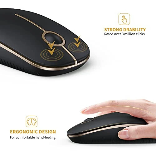 VssoPlor Wireless Mouse, 2.4G Slim Portable Computer Mice with Nano Receiver for Notebook, PC, Laptop, Computer (Black and Gold) - 6
