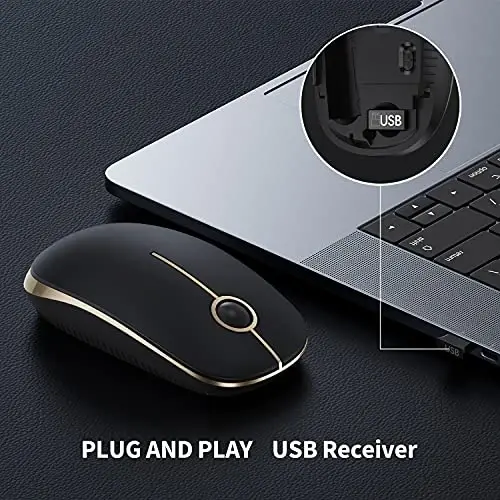 VssoPlor Wireless Mouse, 2.4G Slim Portable Computer Mice with Nano Receiver for Notebook, PC, Laptop, Computer (Black and Gold) - 3