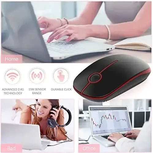 VssoPlor Wireless Mouse, 2.4G Slim Portable Quiet Computer Mice with Nano Receiver for Notebook, PC, Laptop, Computer-Black and Wine Red - 7