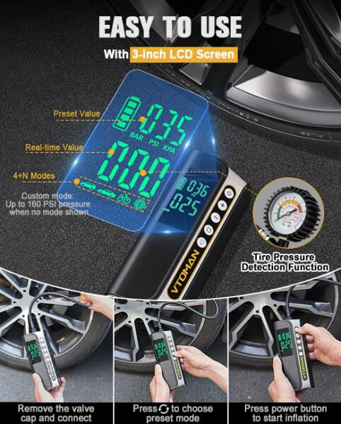VTOMAN X6 Pro Tire Inflator Portable Air Compressor Cordless,160PSI Auto Air Pump for Car Tires with Smart Digital Pressure Gauge & LED Light, for SUV, Car, Motorcycle, E-Bike, Bicycles,Ball - 6