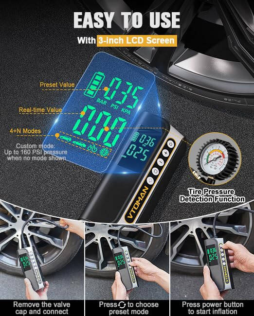 VTOMAN X6 Pro Tire Inflator Portable Air Compressor Cordless,160PSI Auto Air Pump for Car Tires with Smart Digital Pressure Gauge & LED Light, for SUV, Car, Motorcycle, E-Bike, Bicycles,Ball - 6