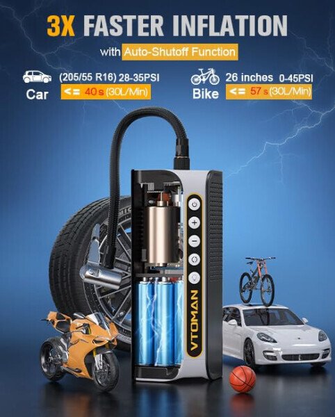 VTOMAN X6 Pro Shinalarni shishirish portativ havo kompressori simsiz, 160PSI avtomatik havo nasosi avtomobil shinalari uchun aqlli raqamli bosim o'lchagich va LED yoritgich bilan, SUV, avtomobil, mototsikl, E-velosiped, velosipedlar, to'plar uchun - 3