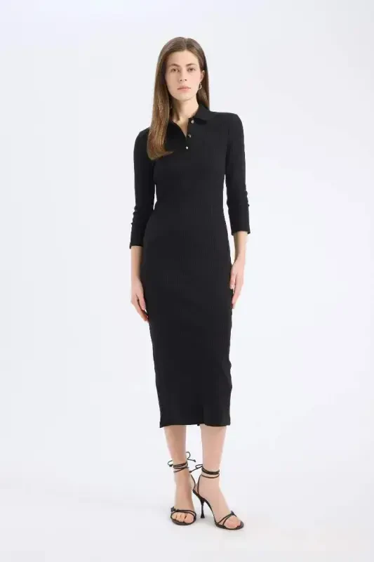 Bodycon Vücudu Saran Polo Yaka Basic Düz Fitilli Kaşkorse Yarım Kollu Midi Elbise-Siyah - 1