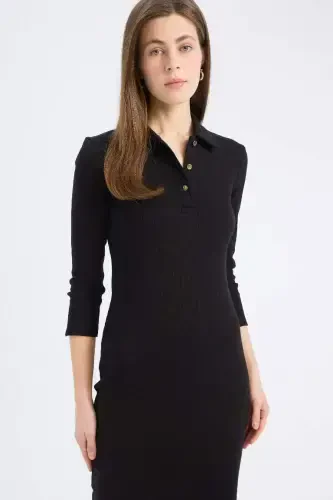 Bodycon Vücudu Saran Polo Yaka Basic Düz Fitilli Kaşkorse Yarım Kollu Midi Elbise-Siyah - 5