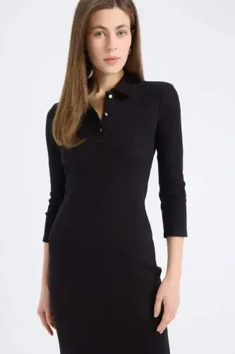 Bodycon Vücudu Saran Polo Yaka Basic Düz Fitilli Kaşkorse Yarım Kollu Midi Elbise-Siyah - 6