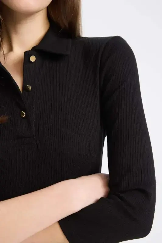 Bodycon Vücudu Saran Polo Yaka Basic Düz Fitilli Kaşkorse Yarım Kollu Midi Elbise-Siyah - 7