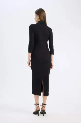 Bodycon Vücudu Saran Polo Yaka Basic Düz Fitilli Kaşkorse Yarım Kollu Midi Elbise-Siyah - 8