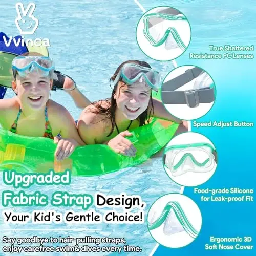 Vvinca Swim-Goggles with Nose Cover, 2 Packs Elastic Fabric Strap Snorkel Swim Mask Anti Fog UV No Pull Hair for Kids 3-14 