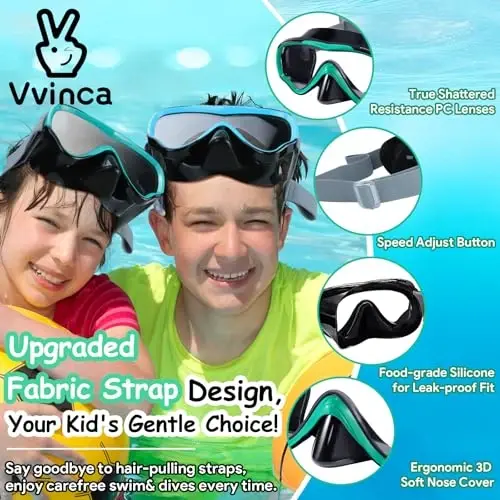 Vvinca Swim-Goggles with Nose Cover, 2 Packs Elastic Fabric Strap Snorkel Swim Mask Anti Fog UV No Pull Hair for Kids 3-14 - 2